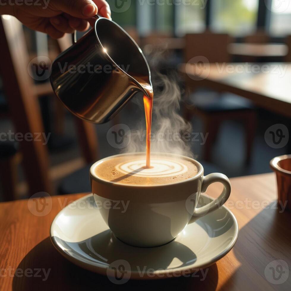 image of hot black coffee being poured from a pot into a cup of coffee with white smoke photo