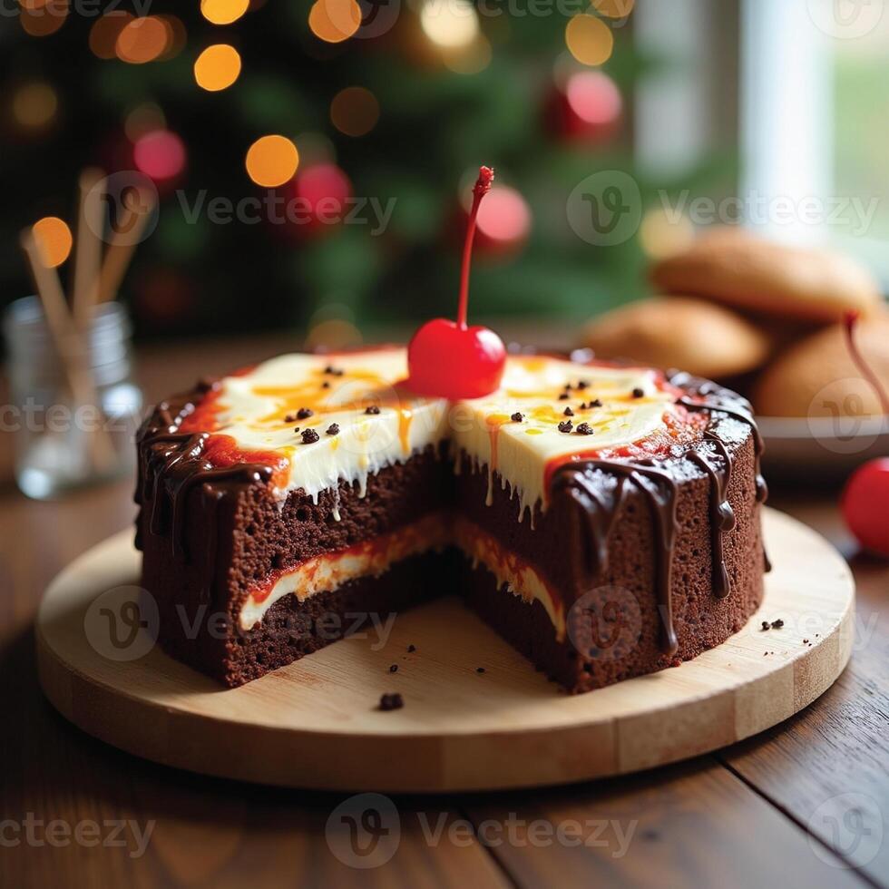 image of a chocolate birthday cake with its shape partially cut and its delicious photo