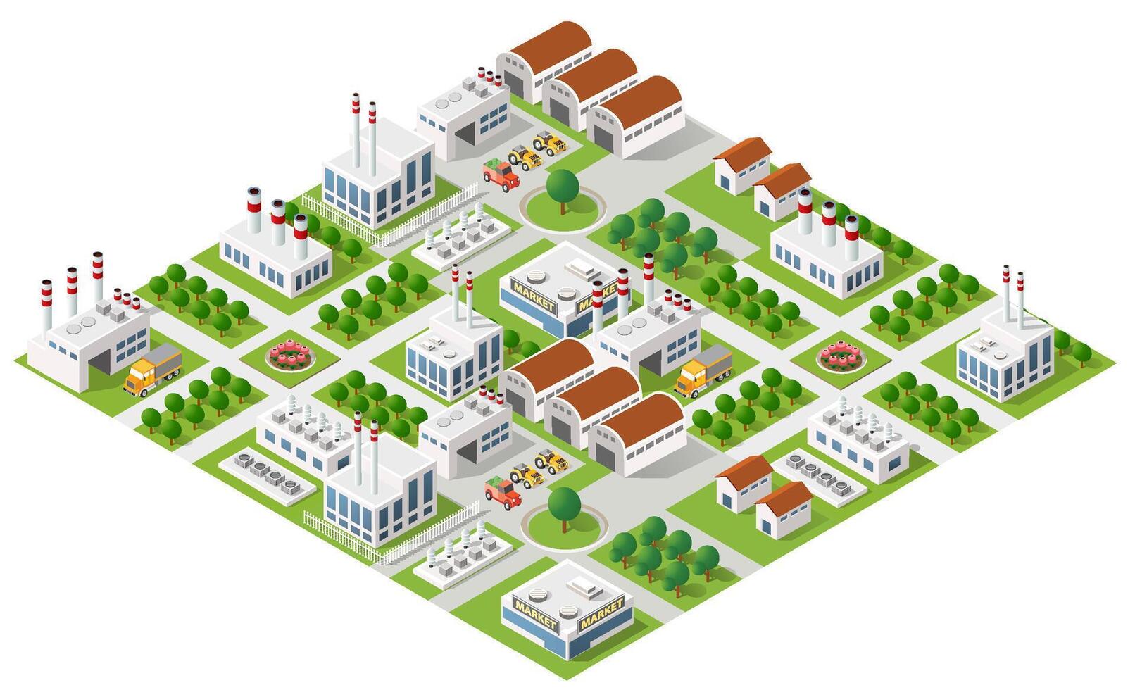 Isometric city with factories, factories and trees vector
