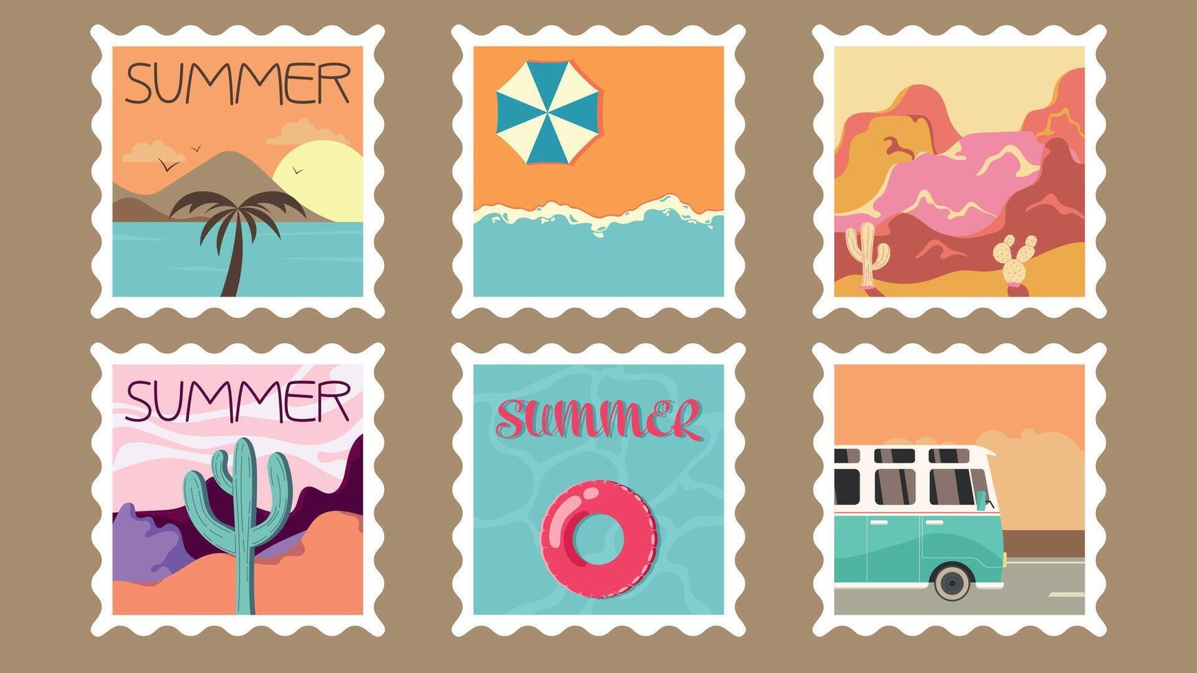 summer postage stamps illustration, cactus, ocean, bus, swimming pool vector