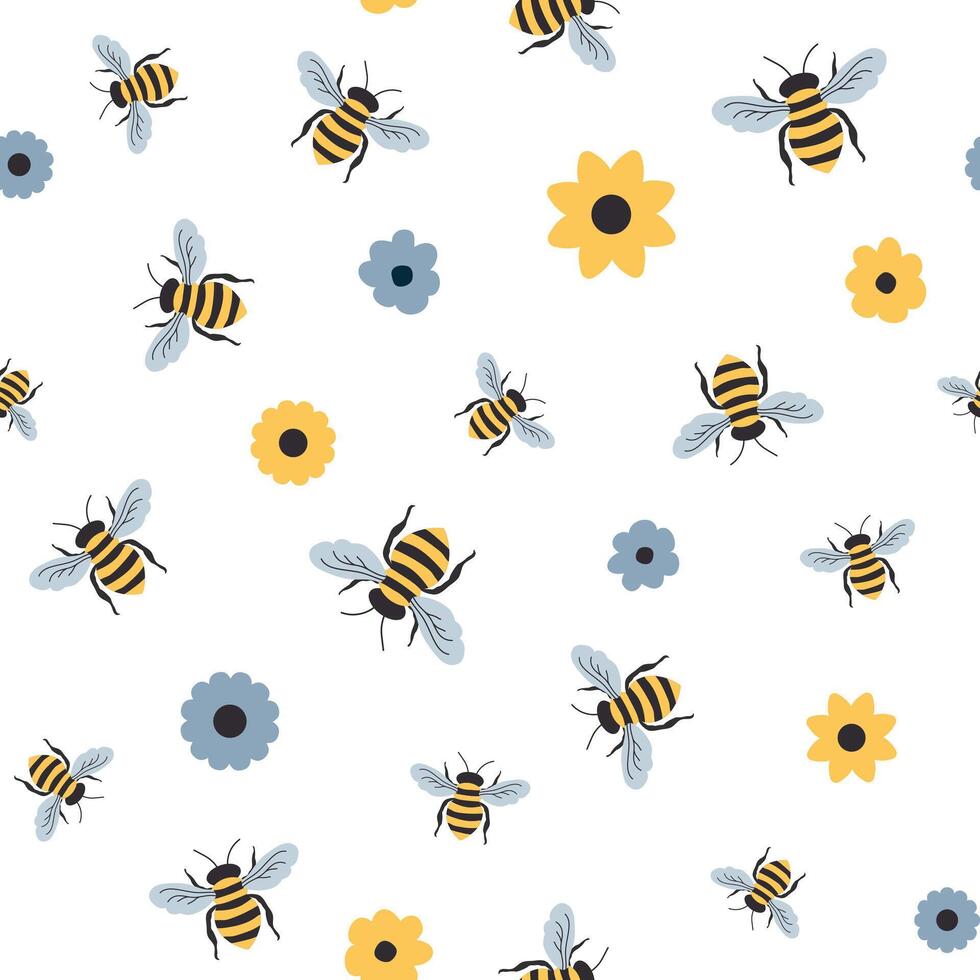 Seamless bee and flower pattern on white background vector