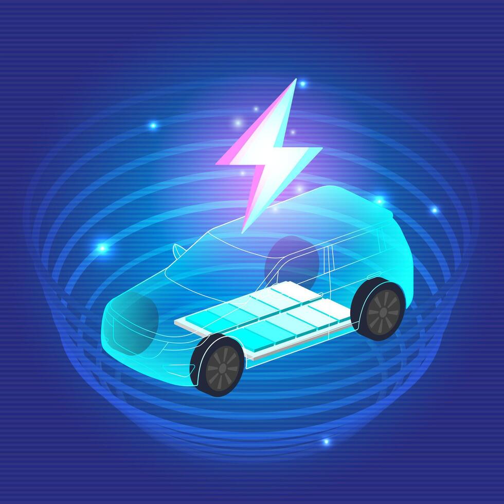 EV Electric SUV car connect to charging station on blue background. Eco power, EV charger, alternative energy, rechargeable battery, auto industry, future technology. vector