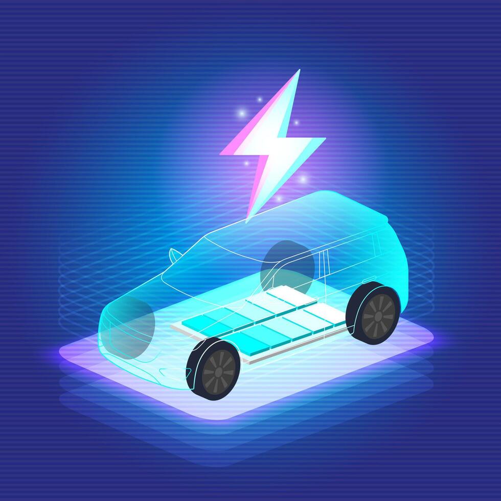 EV Electric SUV car connect to charging station on blue background. Eco power, EV charger, alternative energy, rechargeable battery, auto industry, future technology vector