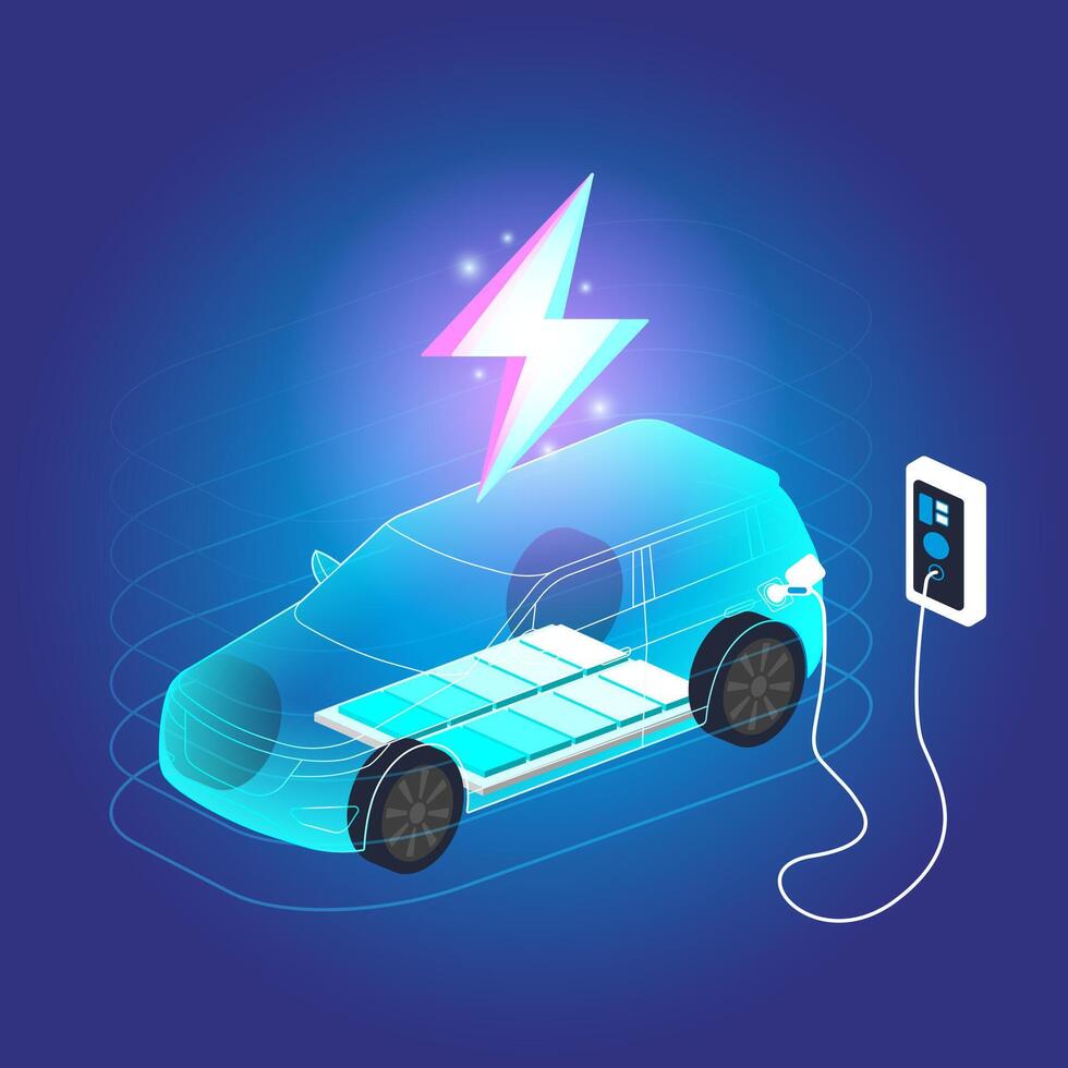 EV Electric car connected to home charging station on blue background. Eco energy. EV charger. Alternative energy. Rechargeable battery. Car industry. Future technology. vector