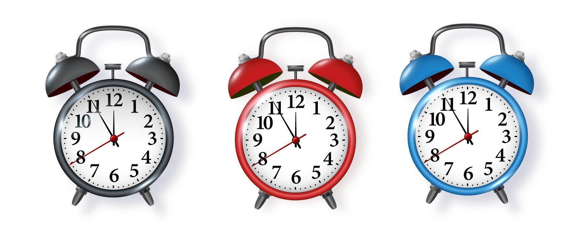 Black alarm clock on white background. Morning, reminder. metal vintage ringing alarm clock on bright white background. vector