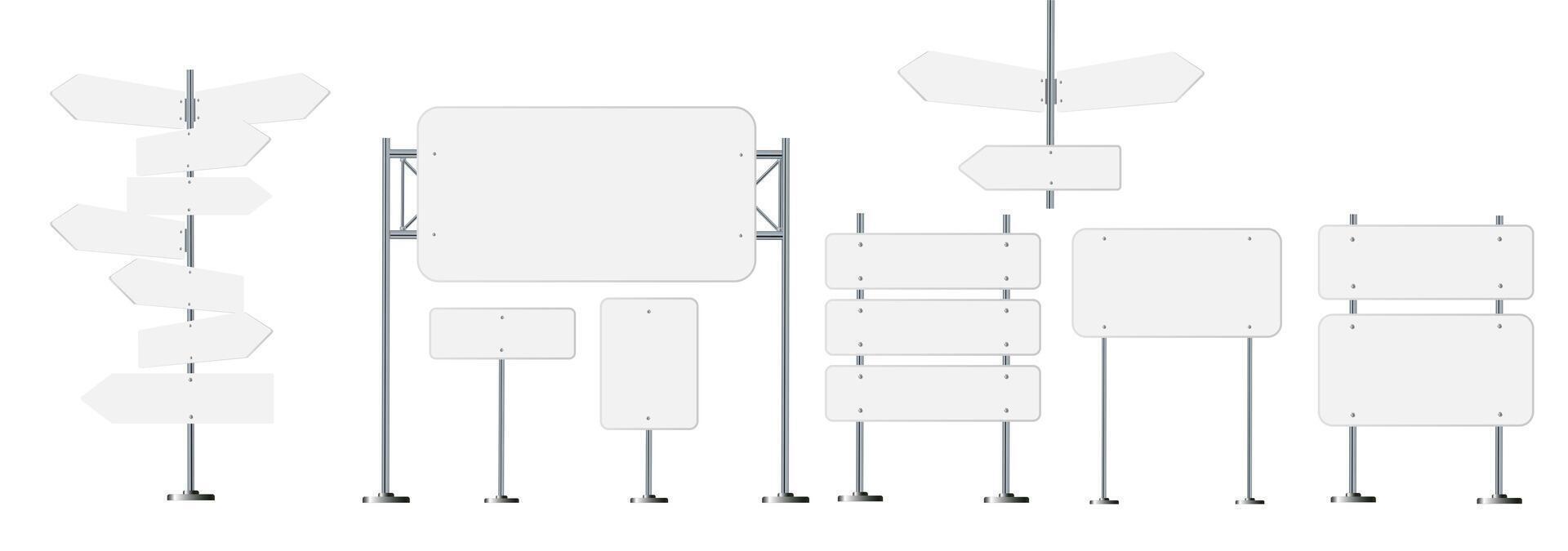 Road, traffic signs. Highway signboard on metal pole. Blank white board with place for text. Directional signage and way finder. information sign mockup. vector