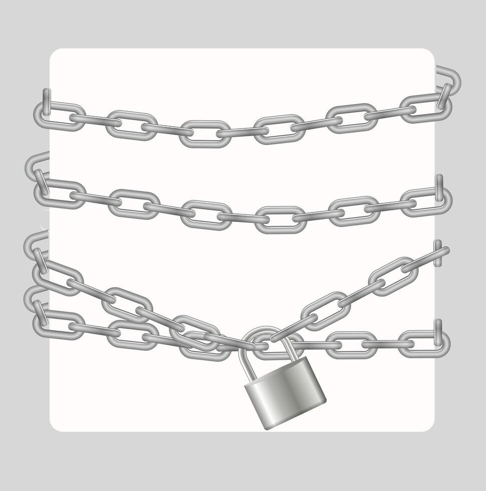 Padlock and chain. Gray metal chain and padlock, handcuffed card, vector