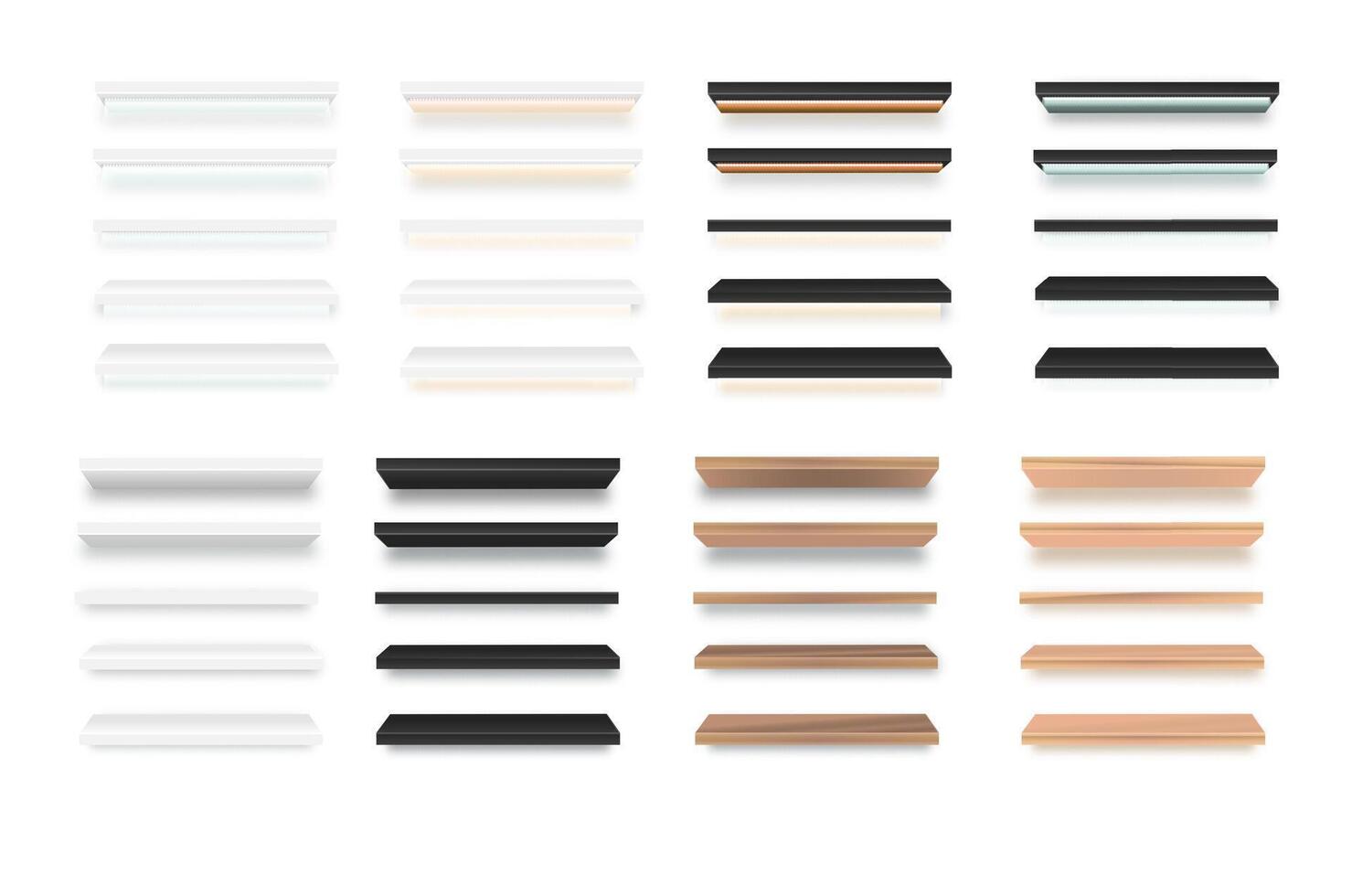 Various empty wooden store shelves set. Grocery rack. vector
