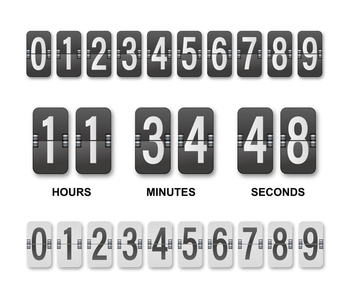 Clock countdown display. Set numbers flip watch. Black and white date counter flip display isolated on white background vector