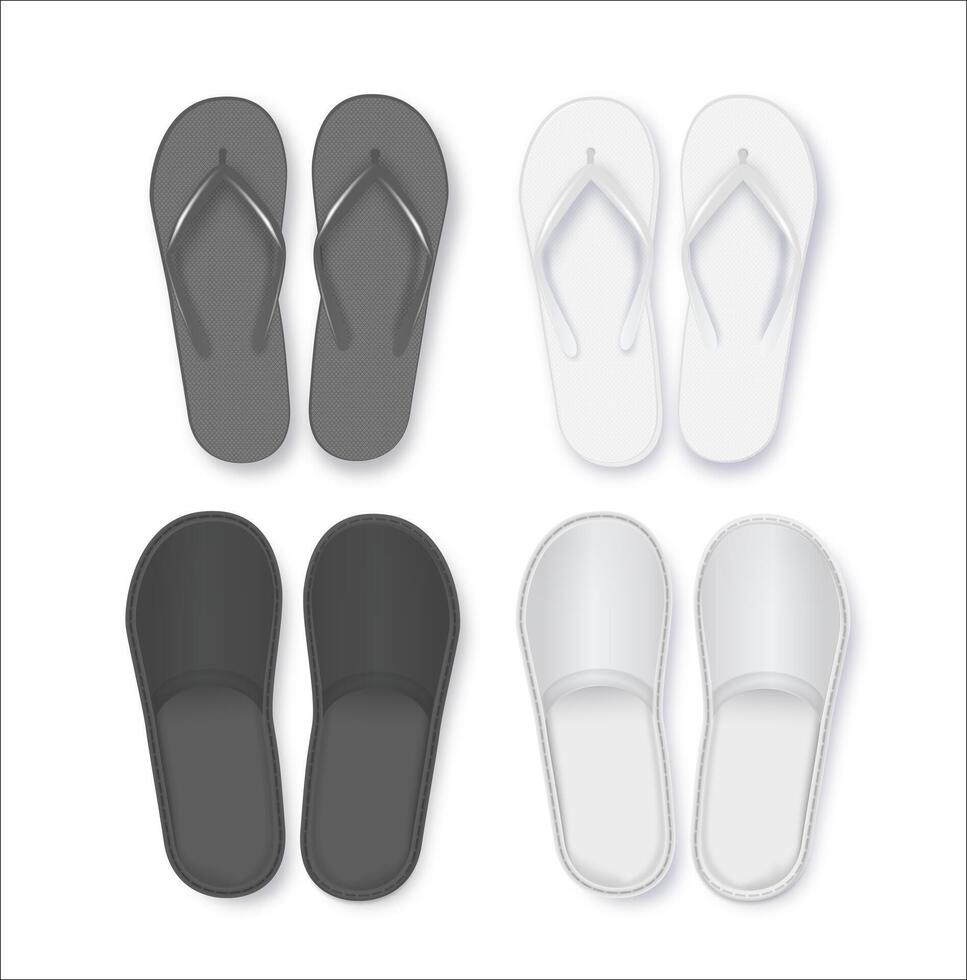 Realistic 3d White and Black Blank Empty Flip Flop Closeup Isolated on White Background. Design Template of Summer Beach Flip Flops Pair Mockup. vector