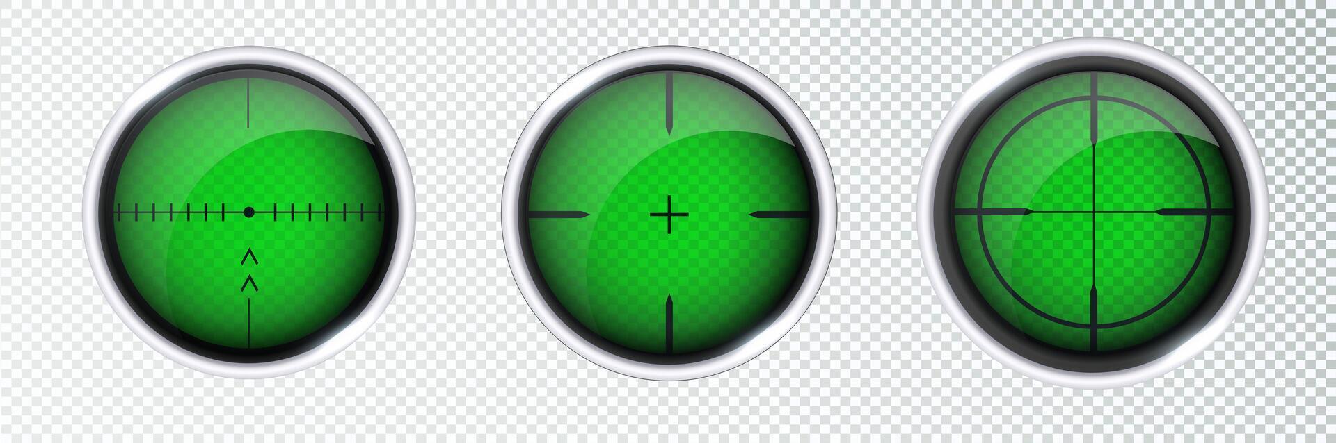 Chrome weapon sights, sniper rifle optical scopes. Sniper scope with measurement thermal imager marks template. Sniper scope crosshairs view. Realistic optical sight. vector