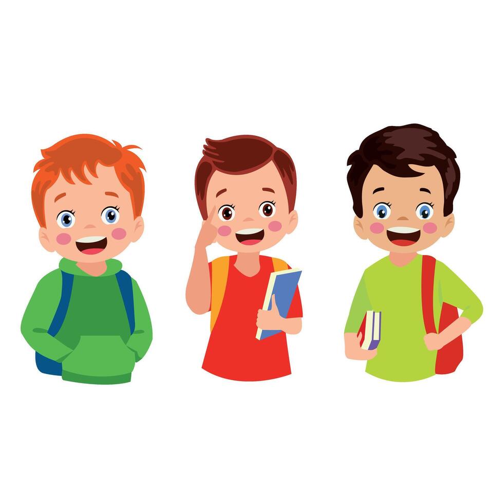 Three boys with backpacks and books vector
