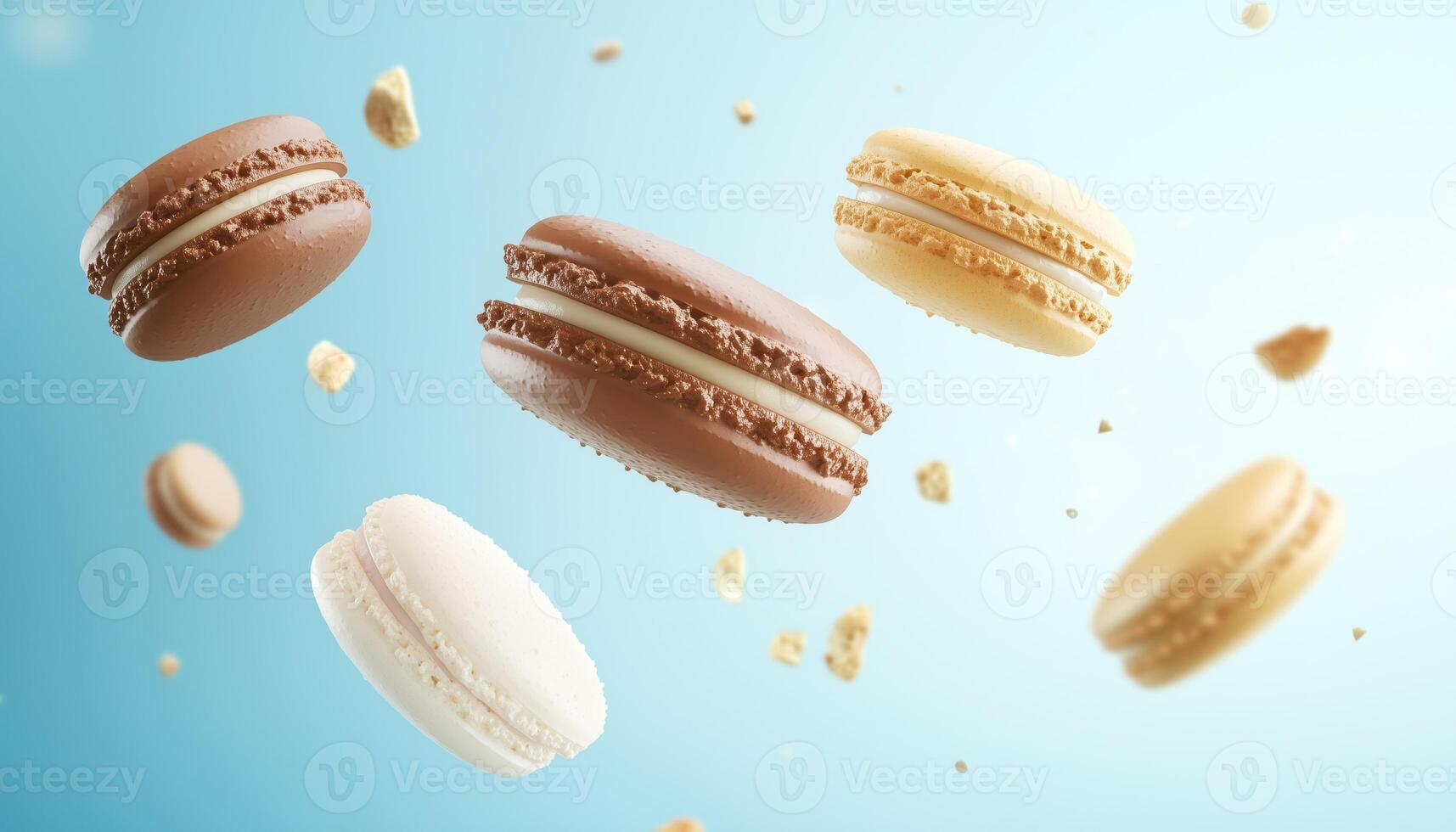 Various Varieties Of Macaroons Cascading On Light Blue Background photo
