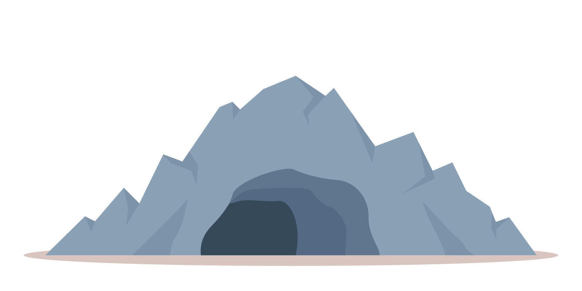 Entrance to stone cave. Old cave in rock on yellow soil with black passage to dark underground. vector