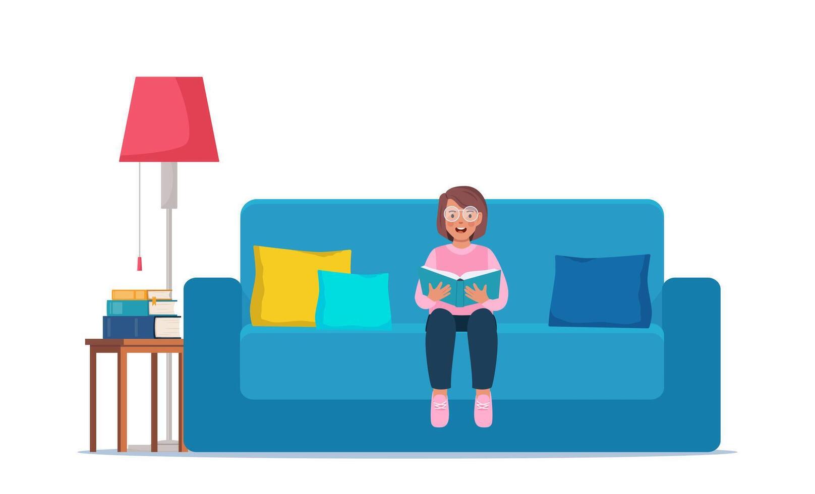 Girl sitting on the couch and reading book. Knowledge, creativity, discoveries. vector