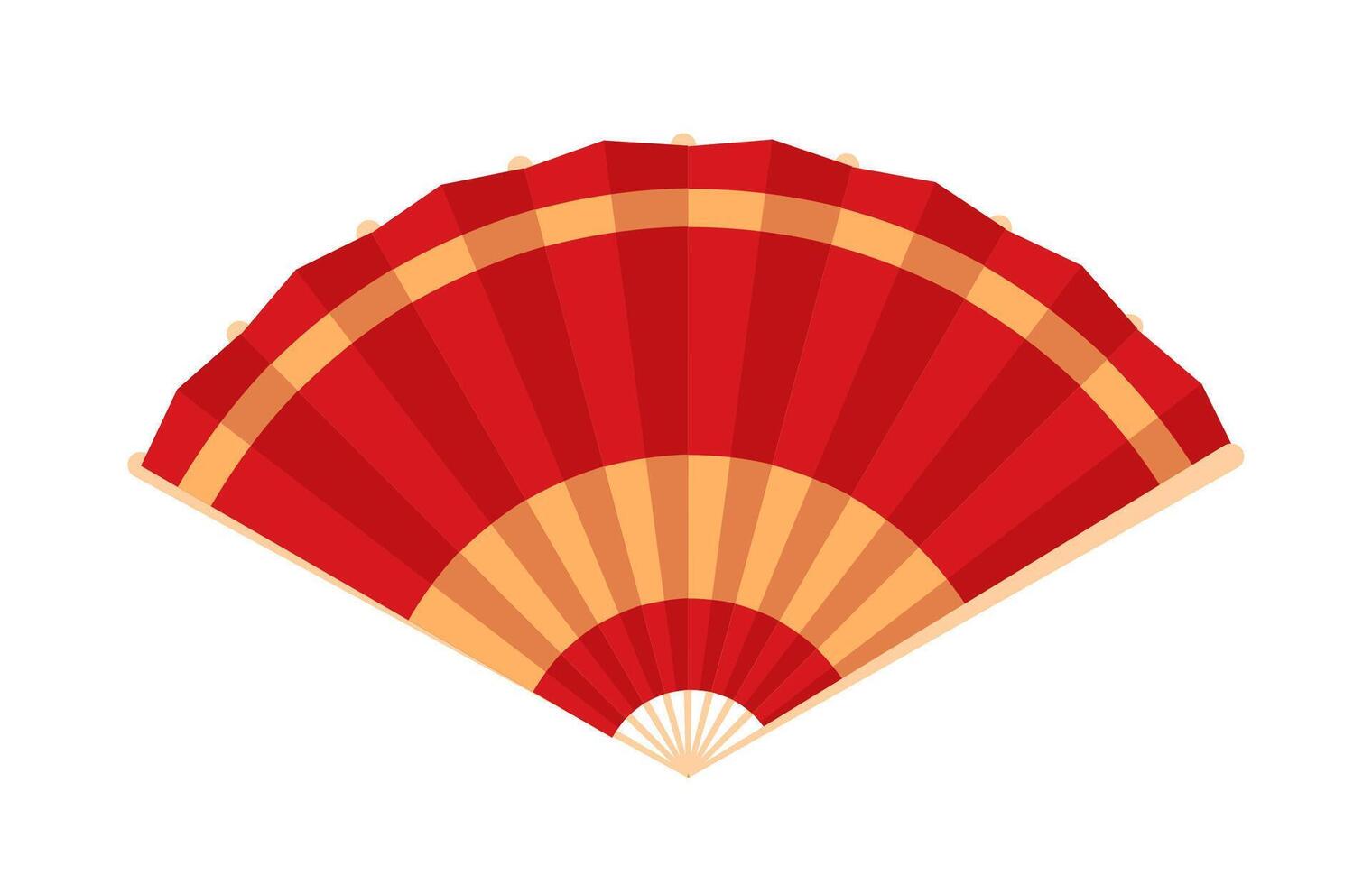 Chinese hand fan red and gold isolated handheld souvenir from China or Japan, folding paper or silk blower. Traditional oriental Asian foldable decor. illustration. vector
