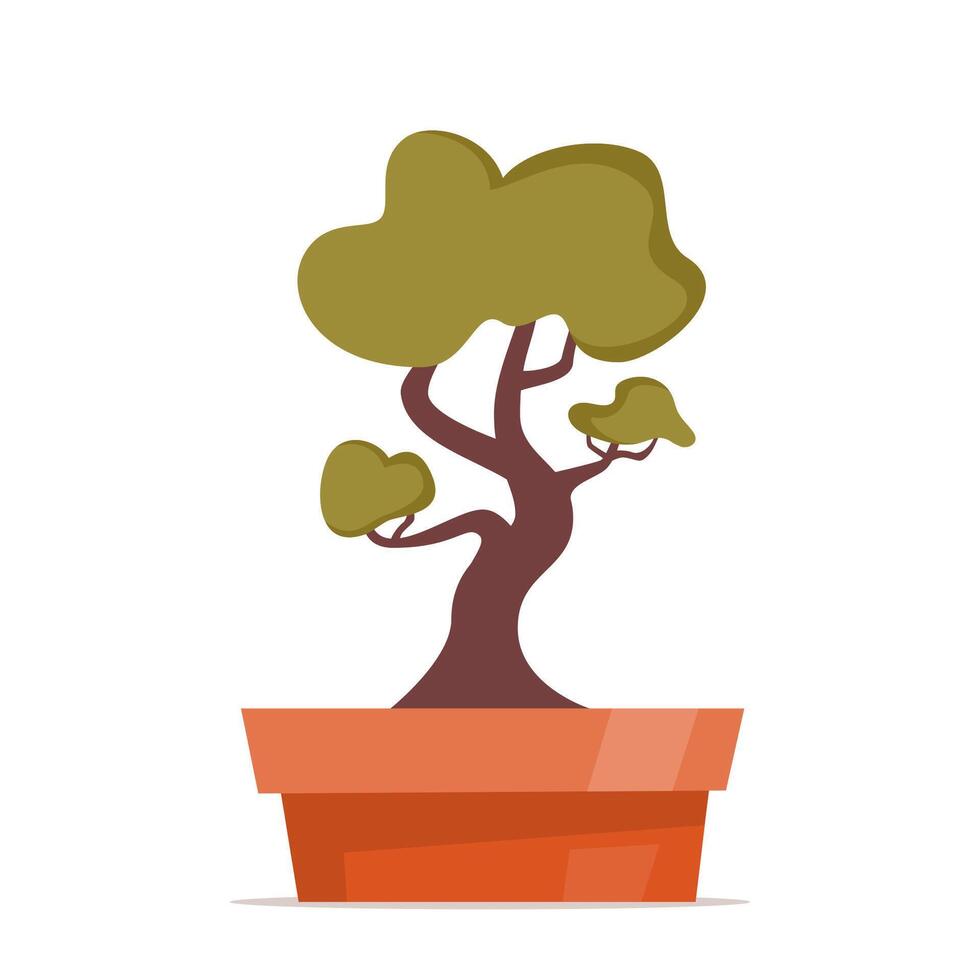Beautiful bonsai tree. Bonsai tree with deep green leaves on the low round pot. Traditional Asian miniature garden. Japan leaf plants, traditional oriental art. Decorative tree vector