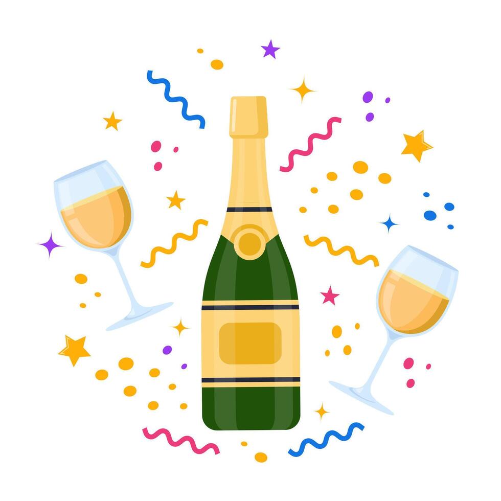 Champagnes party. Champagne bottle explosion, serpentine ribbons, confetti and glasses with sparkling wine. vector