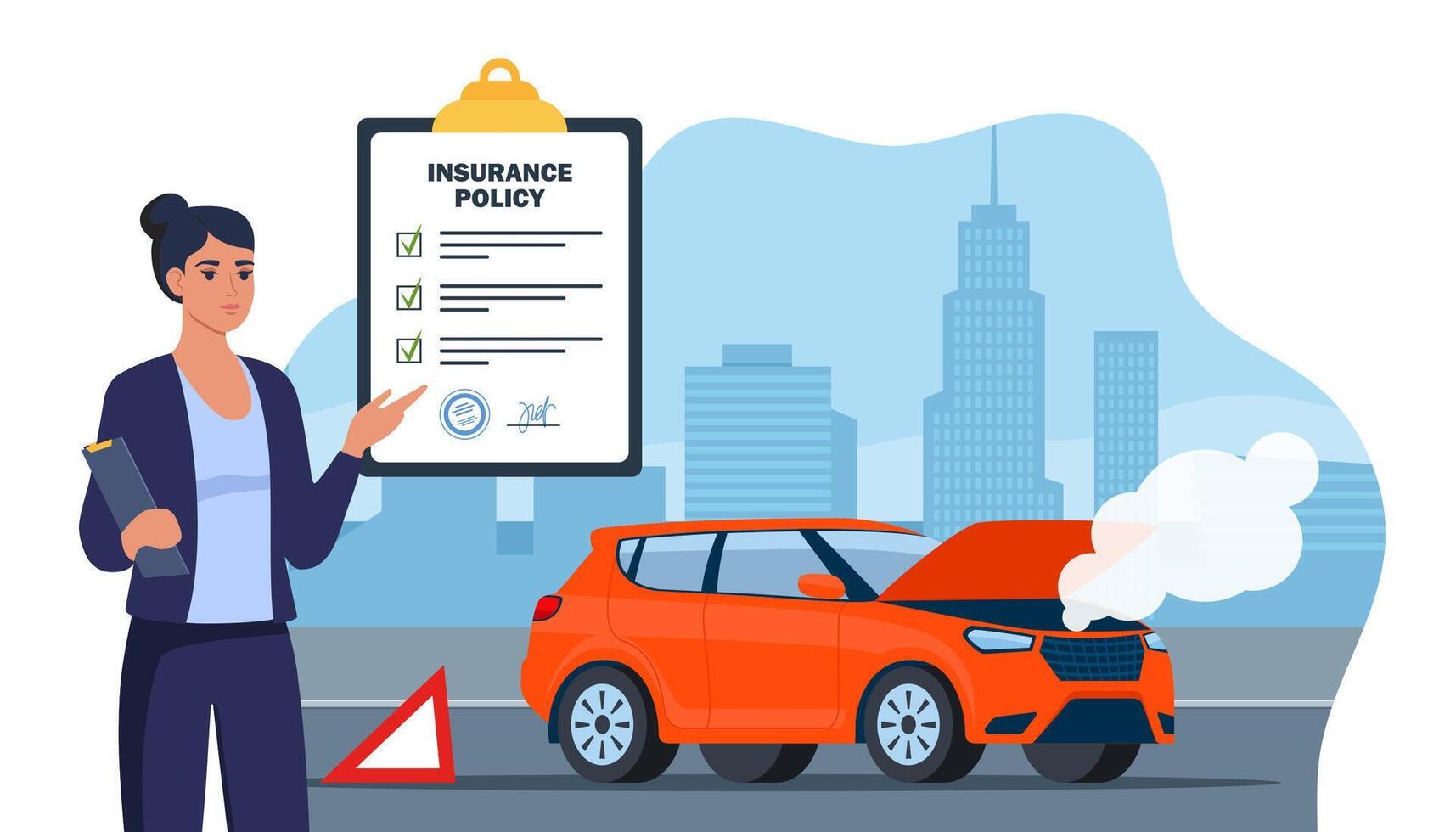 Car insurance coverage. Damaged vehicle, insurance police, insurance agent character. Car breakdown on the road. Automobile protection, security, safety vector
