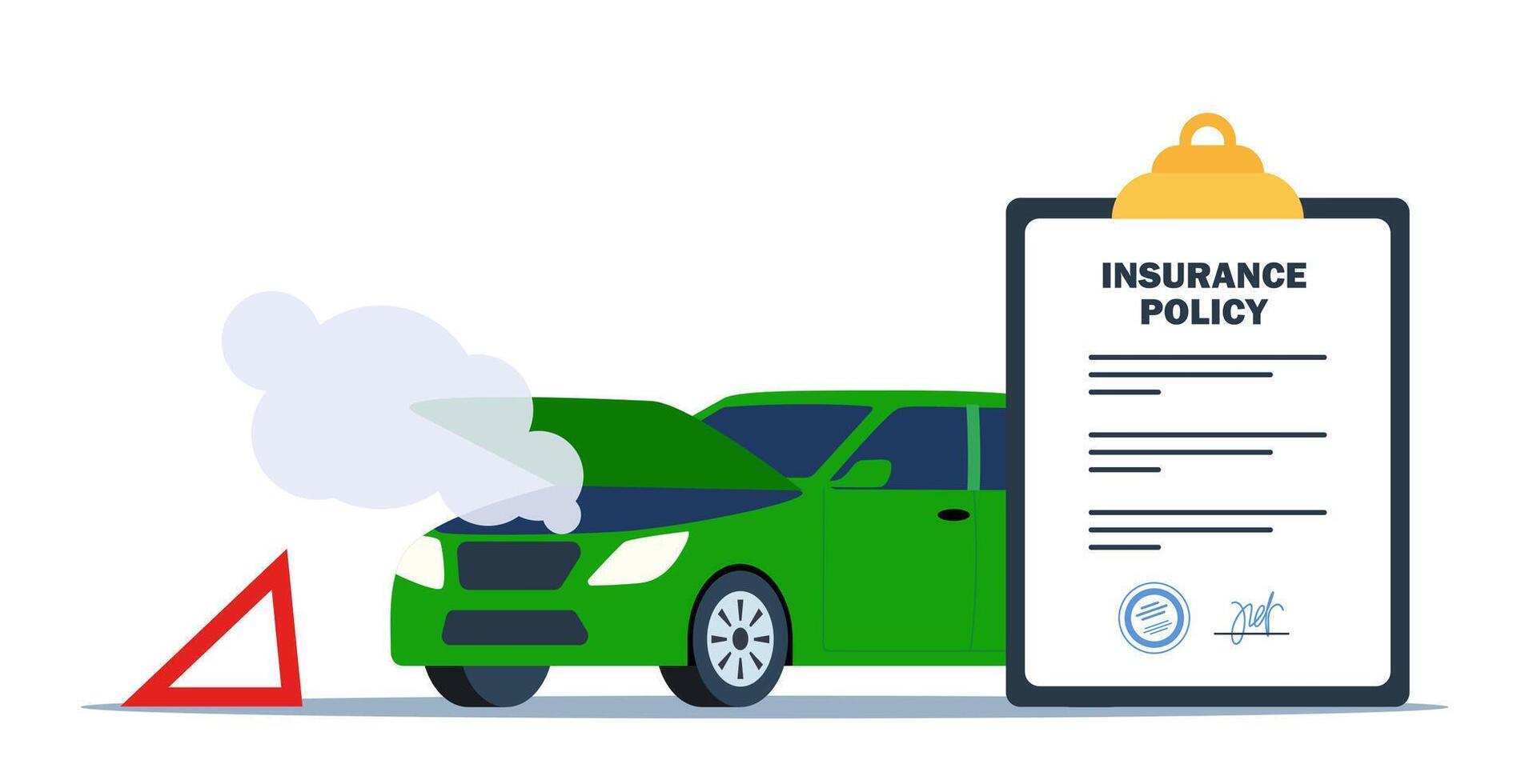 Car insurance coverage concept. Damaged vehicle and insurance police. Car breakdown on the road. Automobile protection, safety vector
