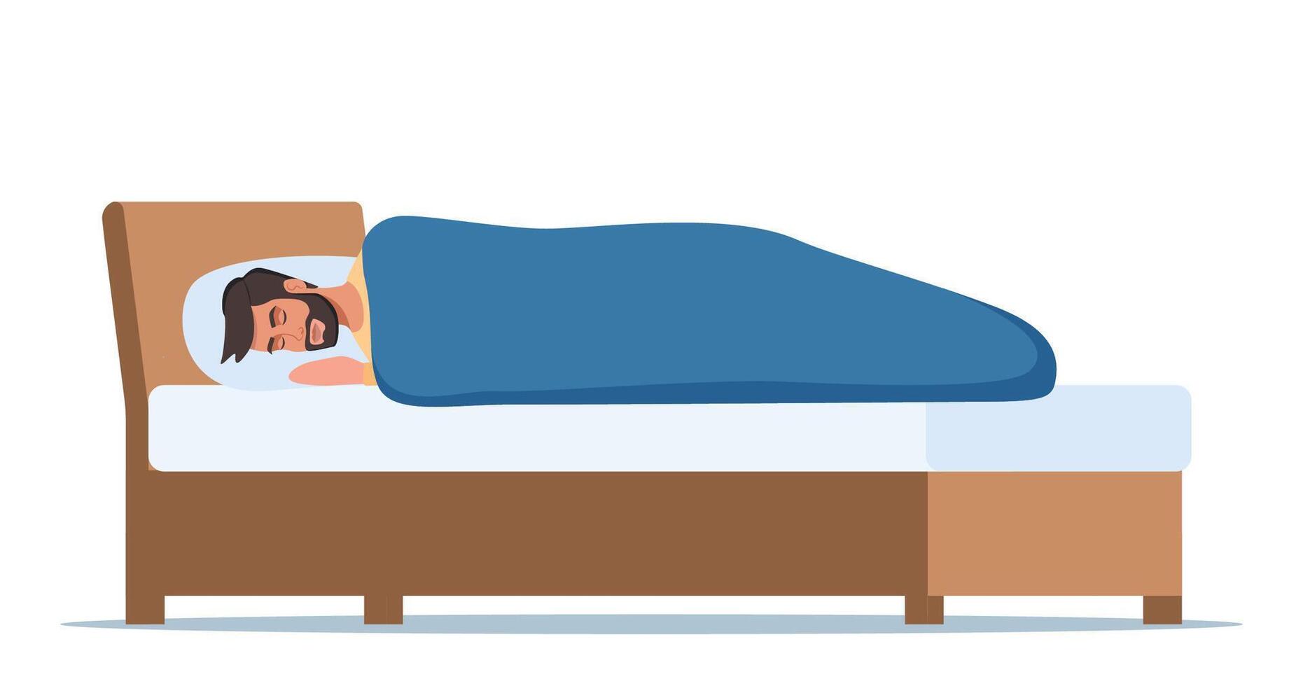 Man sleeping. Guy lies on bed under blanket at night, comfortable sleep time at home. Healthy lifestyle concept of relax, calm. illustration. vector