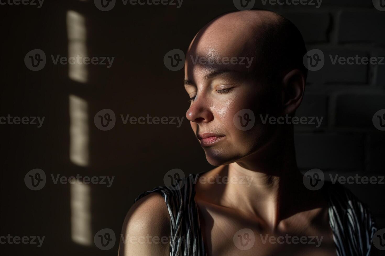 A woman with a shaved head sits in the light of a window, her eyes closed. photo