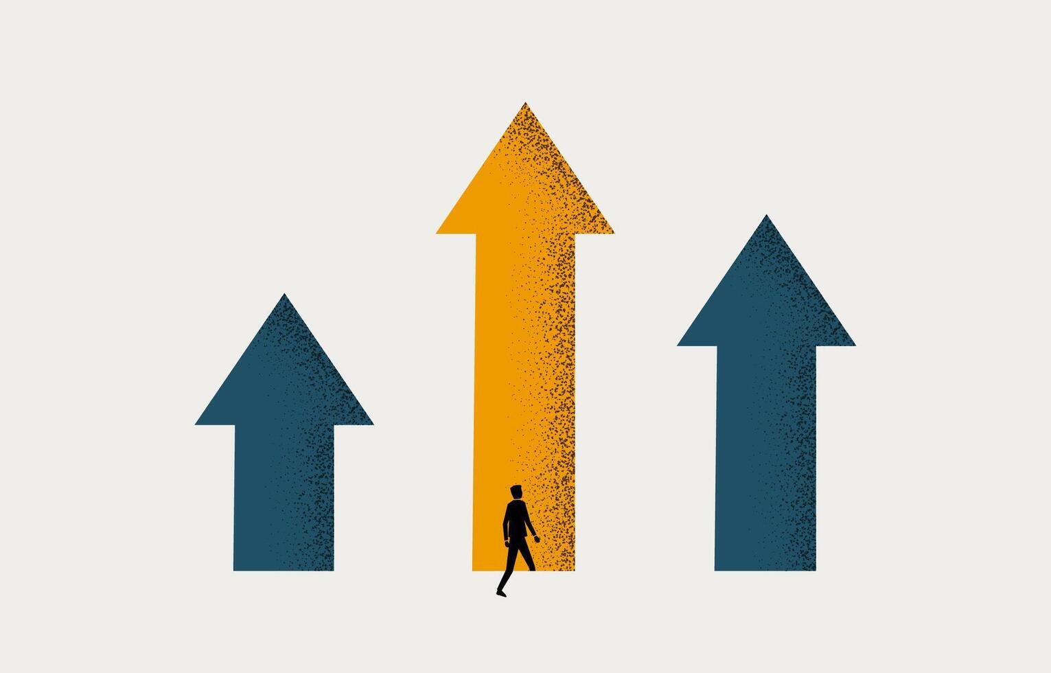 Businessman stepping into the largest of three up arrows, business decision, career opportunity concept, minimal business design. vector