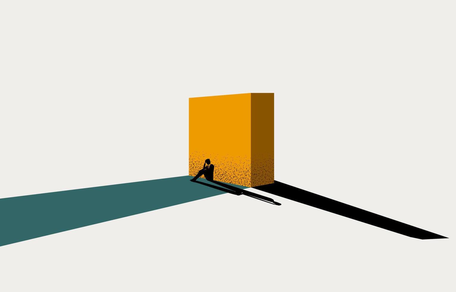Desperate businessman sitting his back to wall blocking road, impasse in business, career despair concept, minimal business design. vector