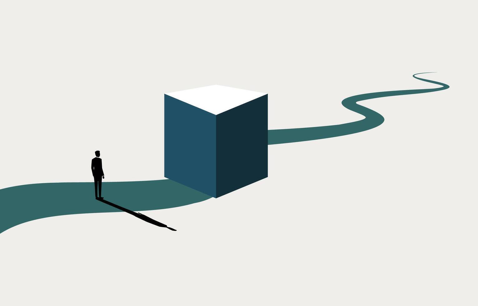Businessman looking at cube blocking his way, business obstacle, career challenge concept, minimal business design. vector