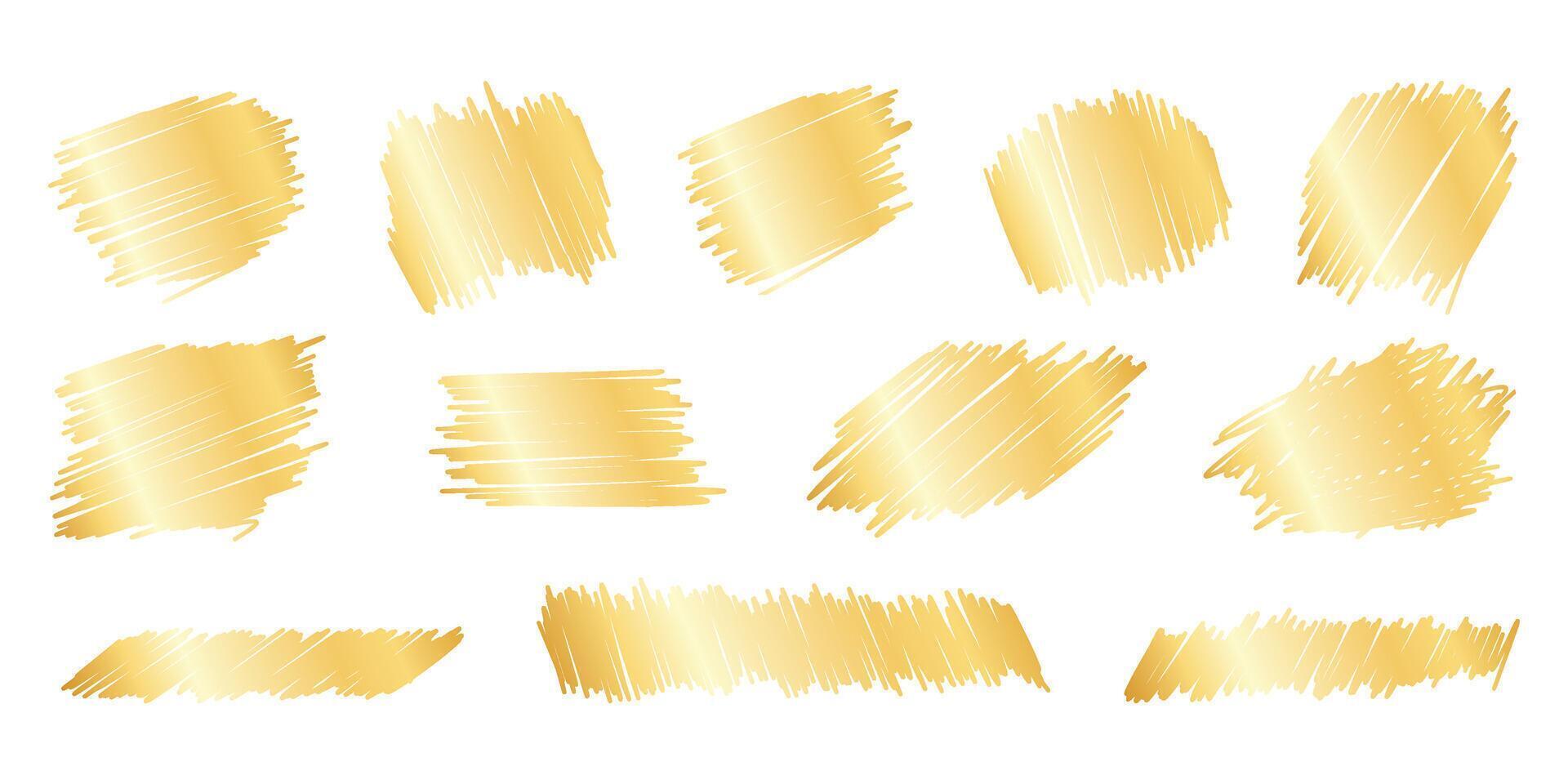 Golden scratch lottery card overlay pack - gold color chalk hatching asymmetric organic spots. vector