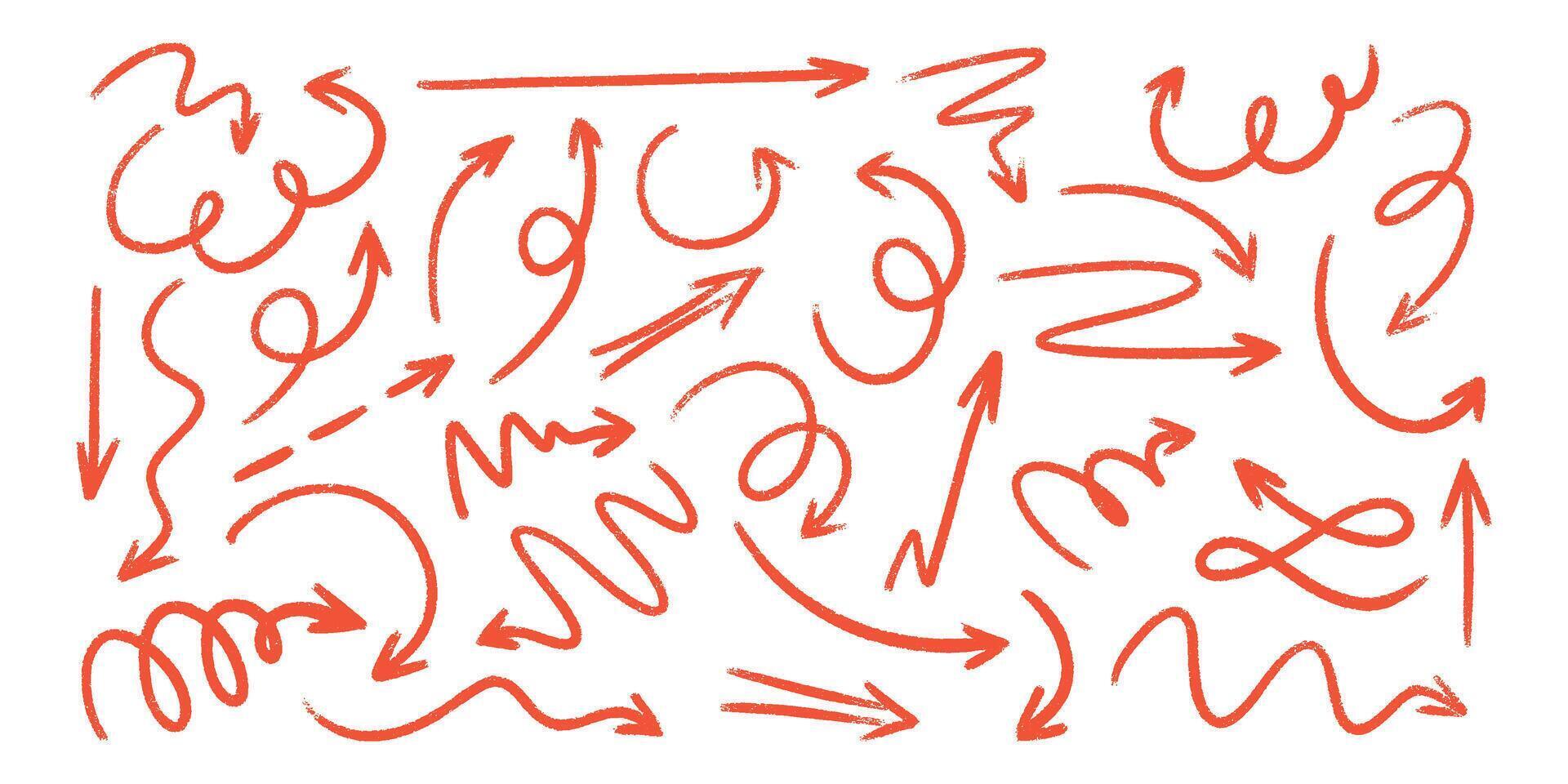 Red chalk arrow scribbles set - hand drawn doodle swirls, curves, pointers pack. vector