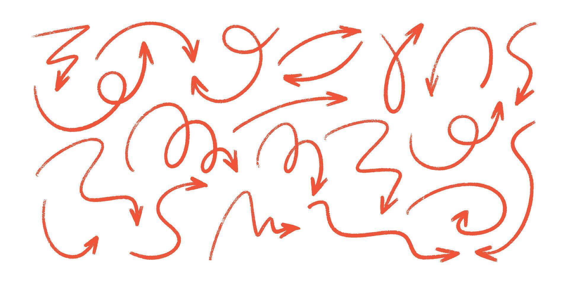Red pencil arrow doodles set - hand drawn swirls, curved lines, chaotic pointers. vector