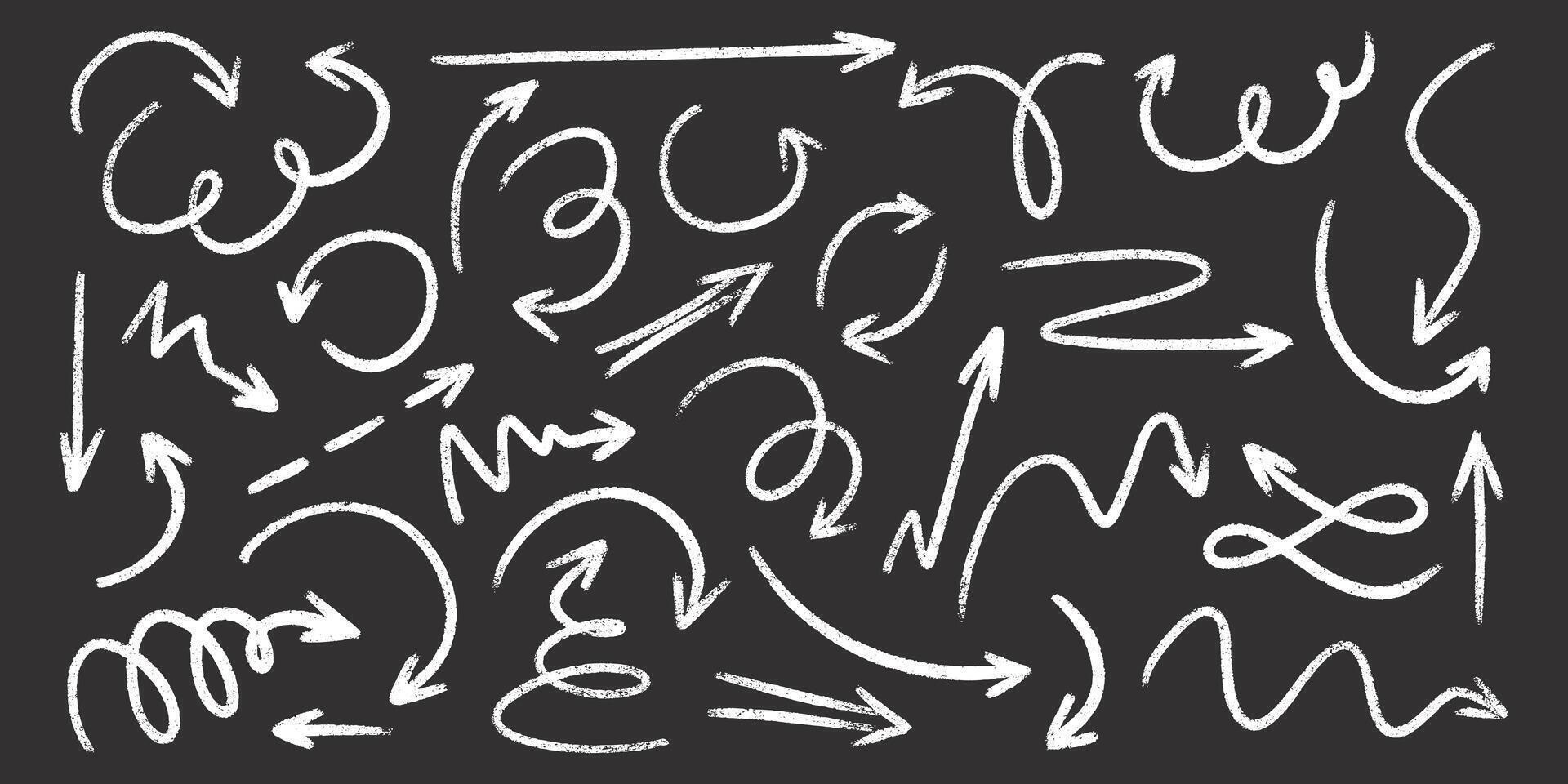 Chalk crayon arrows collection - hand sketched white doodle swirls, curved lines, pointers on blackboard. vector