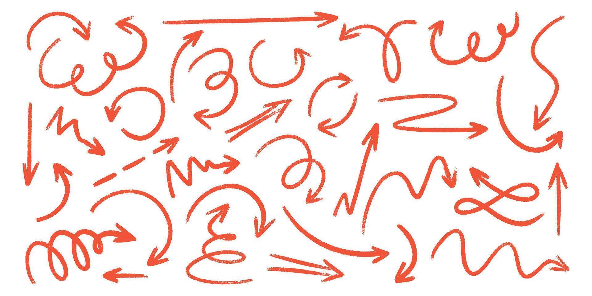 Red crayon arrow doodles collection - hand sketched curved lines, round swirls, pointers. vector