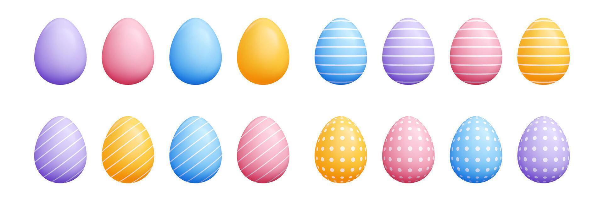3d pastel Easter egg set - colorful solid oval cartoon shapes, striped diagonal lines, polka dots vector