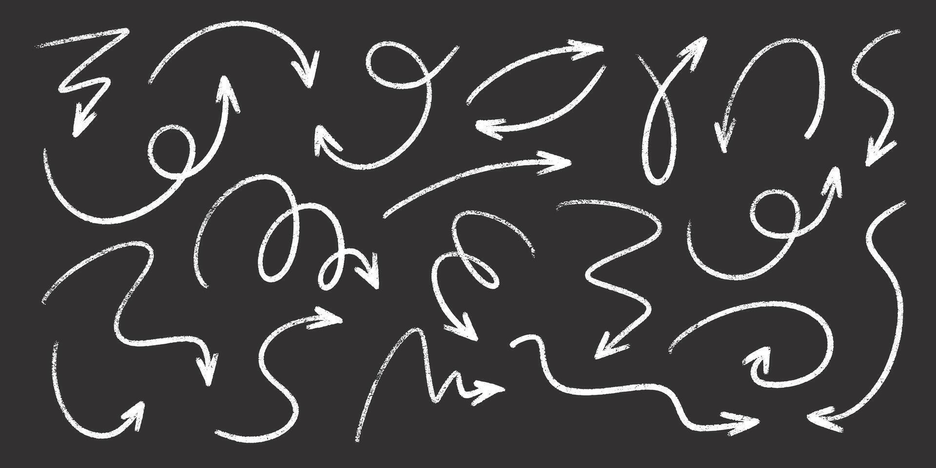 Chalkboard arrow doodles pack - white chalk hand drawn swirls, chaotic curves, artistic pointers. vector