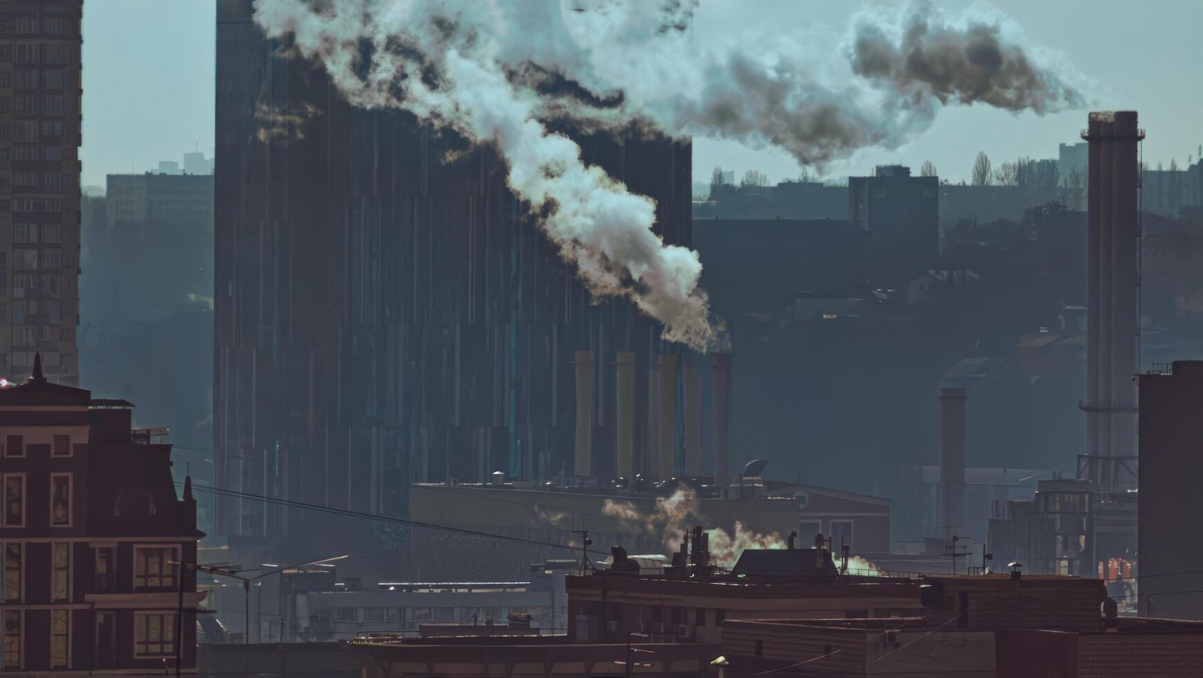 Industrial cityscape with multiple smokestacks releasing smoke into air, surrounded by tall buildings and skyscrapers under a hazy sky, highlighting urban pollution. photo