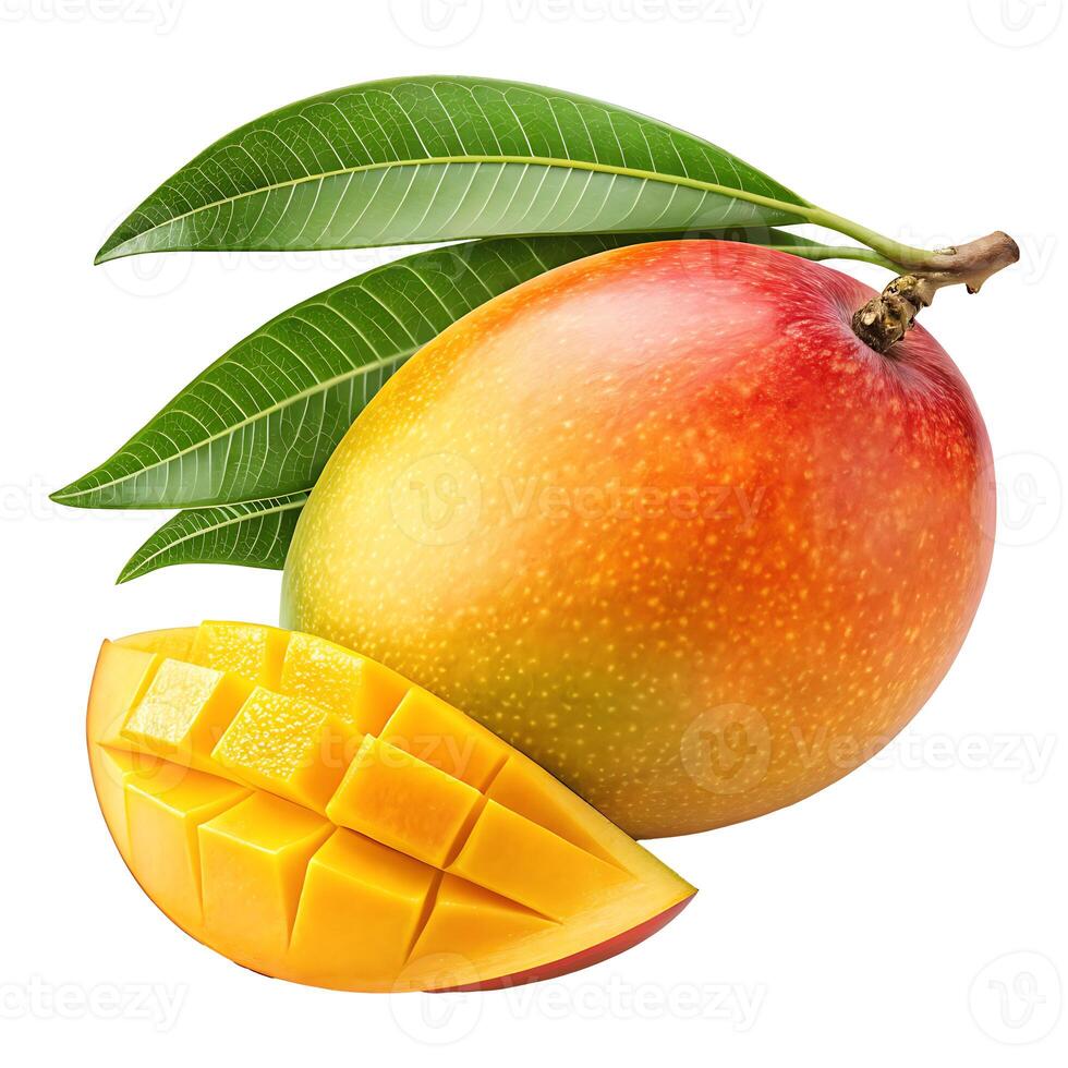 Ripe yellow mango fruit with a green leaf, a fresh and healthy tropical food object, isolated on white photo