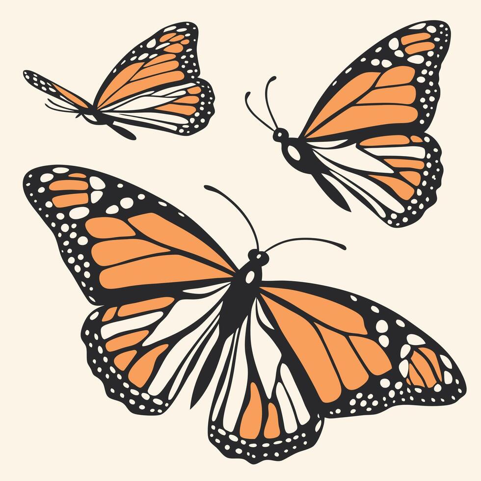 An eye-level perspective of monarch butterflies flitting across the frame, showcasing their striking orange and black wing vector