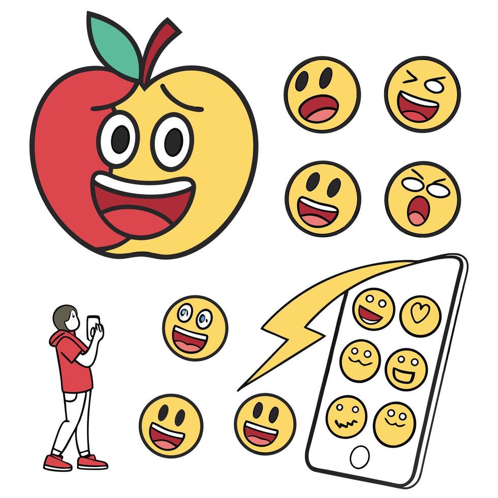 This digital illustration presents a collection of expressive emojis, an apple emoji, and a person interacting with a mobile phone. vector