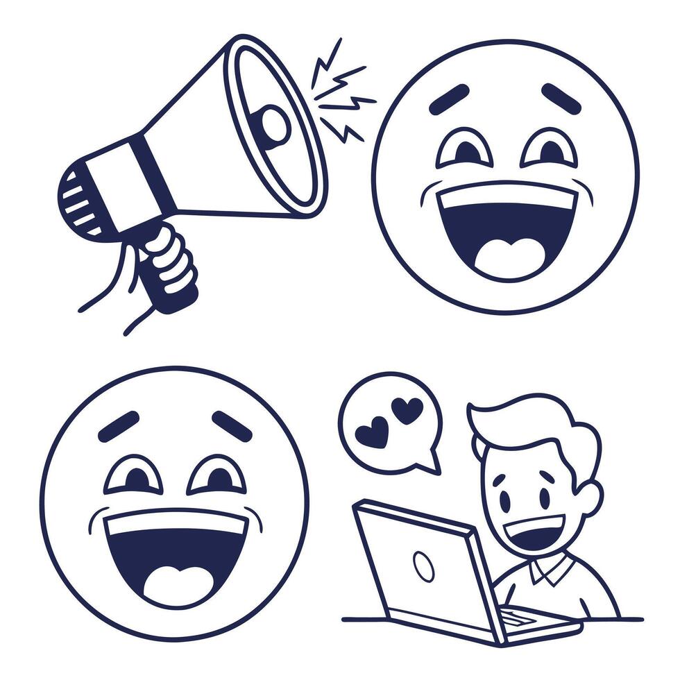 Hand-drawn illustrations that capture the essence of communication, joy, and affection. A megaphone conveys announcements, a grinning emoji spreads positivity. vector