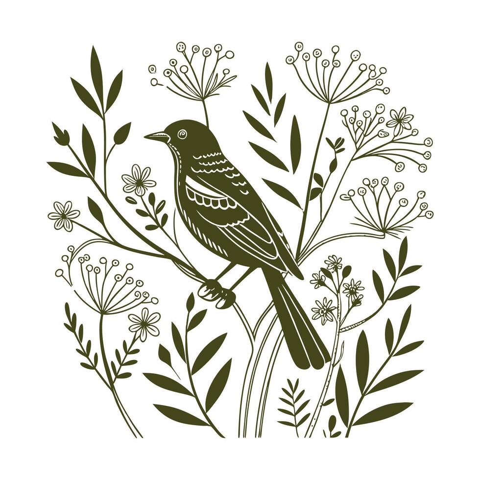 Cute bird on winter berry branch singing song Little bullfinch vector