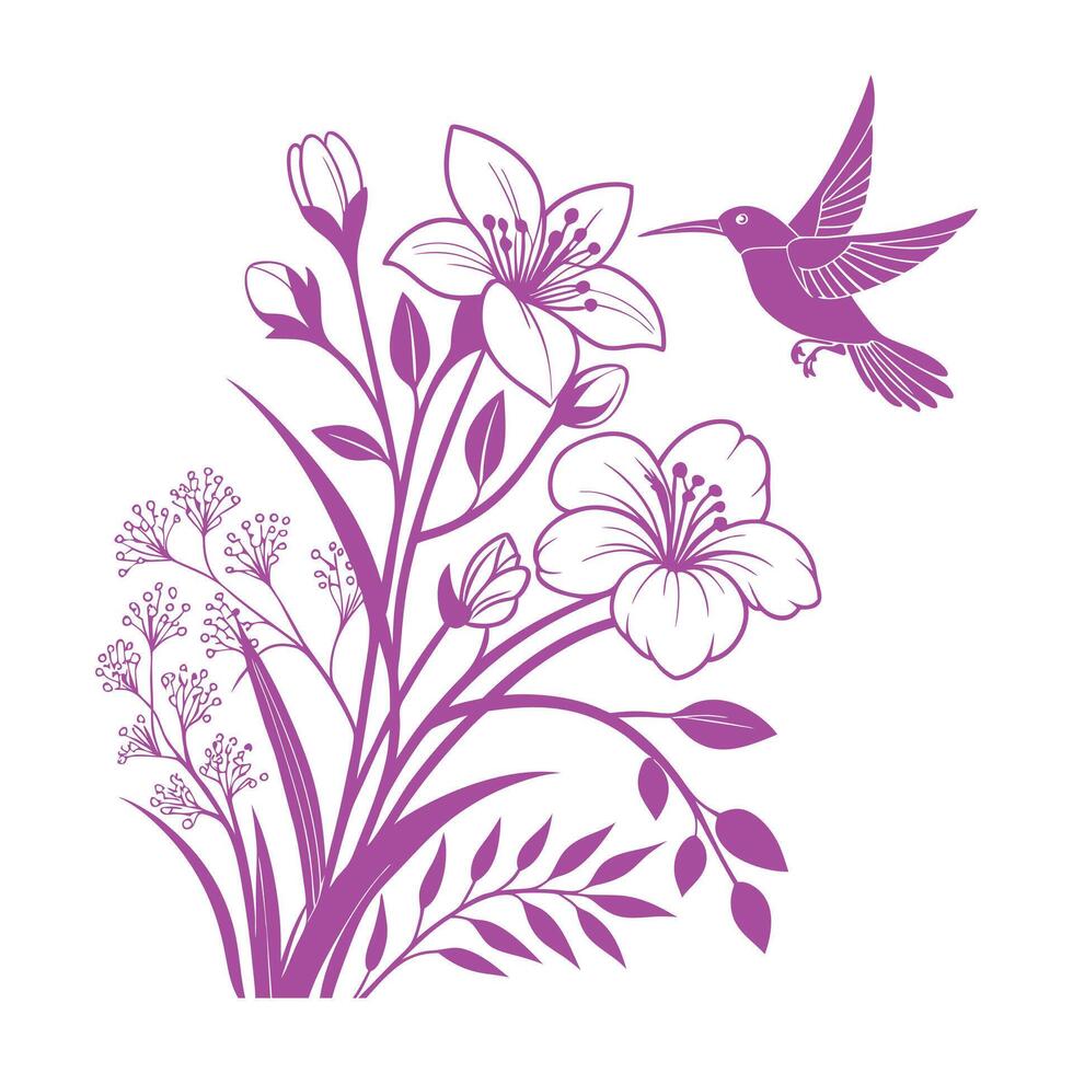 Flying hummingbird realistic concept with beautiful flower illustration vector