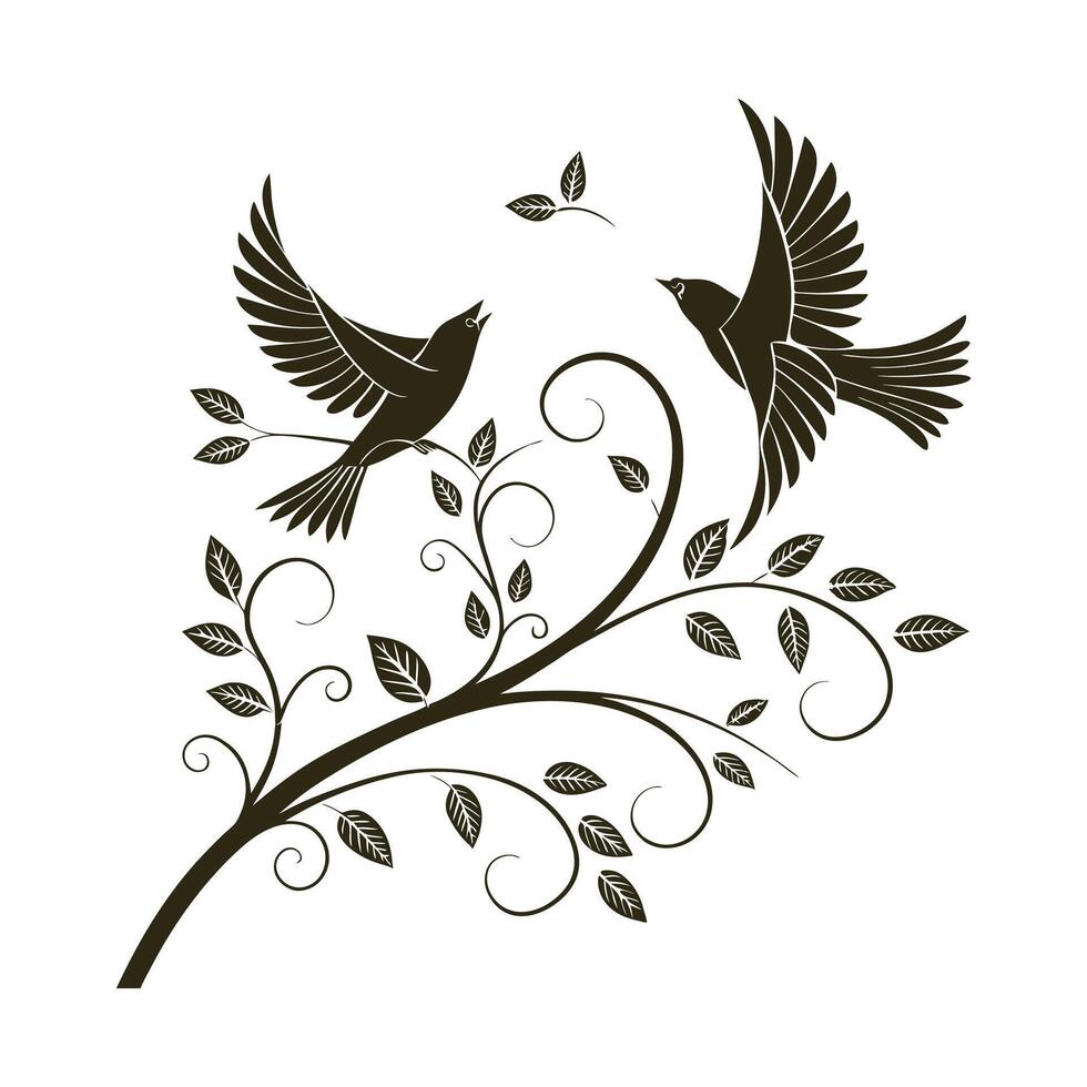 Tree branch silhouette with birds flying vector
