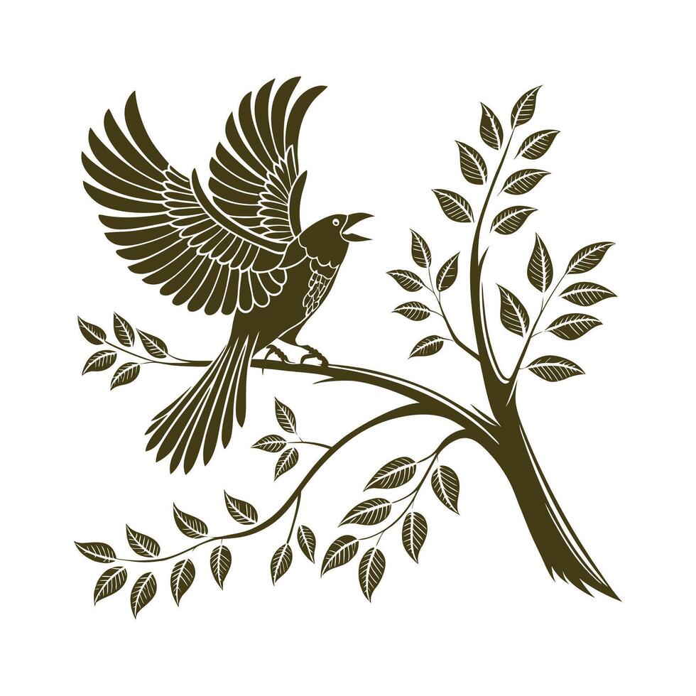 bird Silhouette of Plants Flowers Trees and Branches in Nature vector
