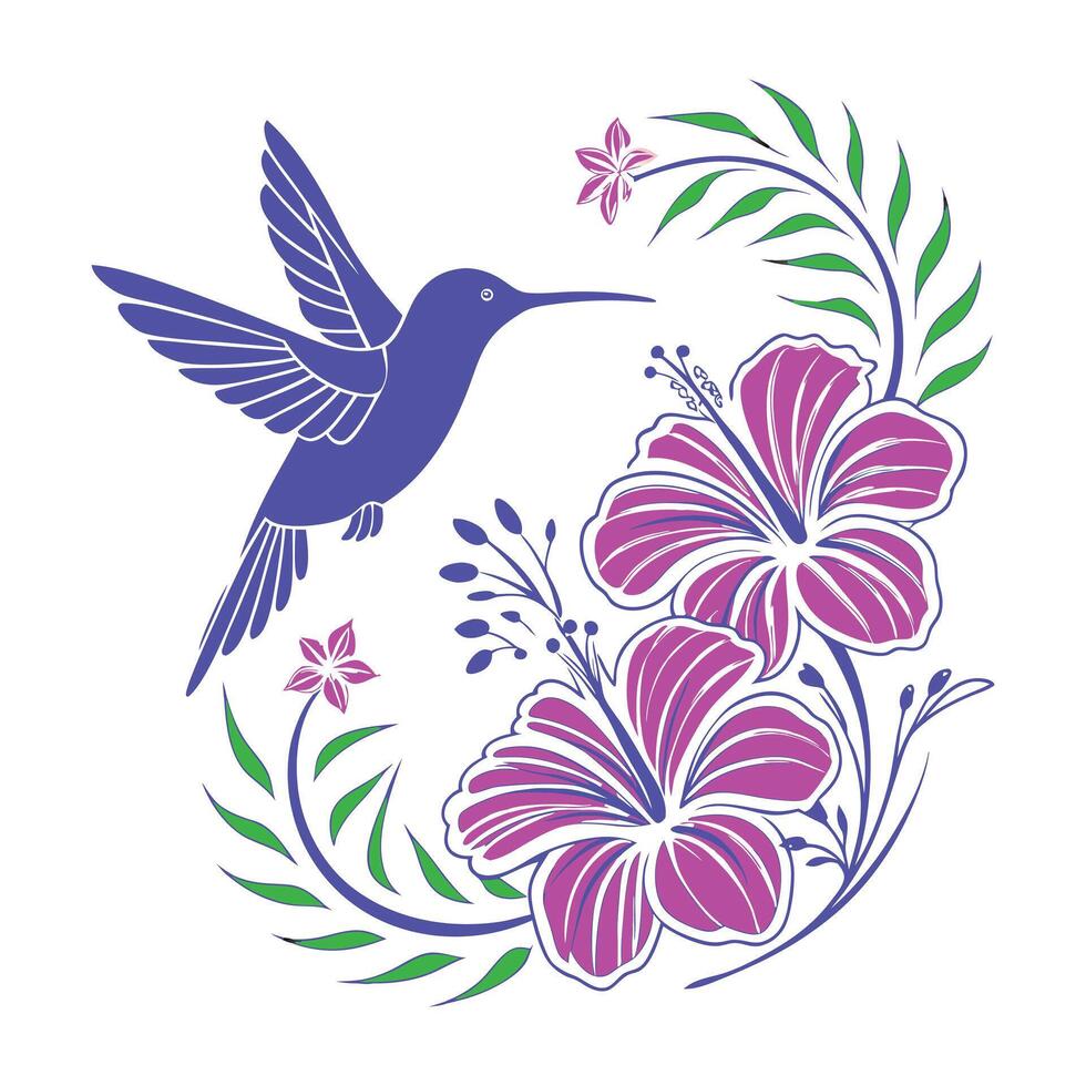 Summer Tropical Hummingbird and Flowers vector