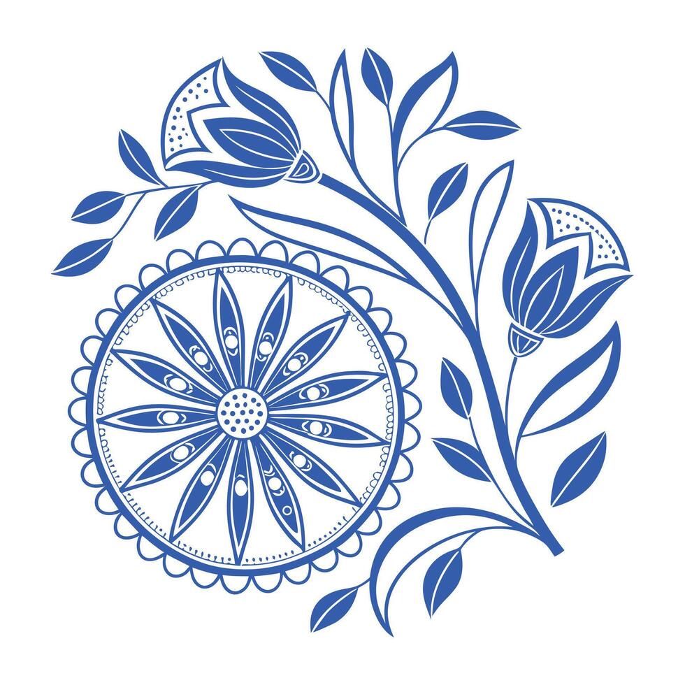 A blue floral design featuring various leaves and flowers arranged artistically. vector