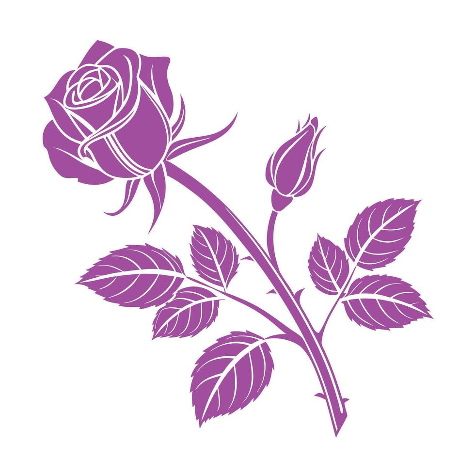 A pink rose with a green stem and red leaves vector