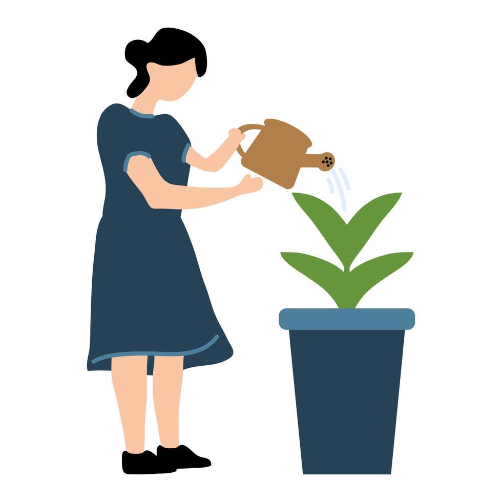 Illustration of a Woman Watering a Houseplant vector