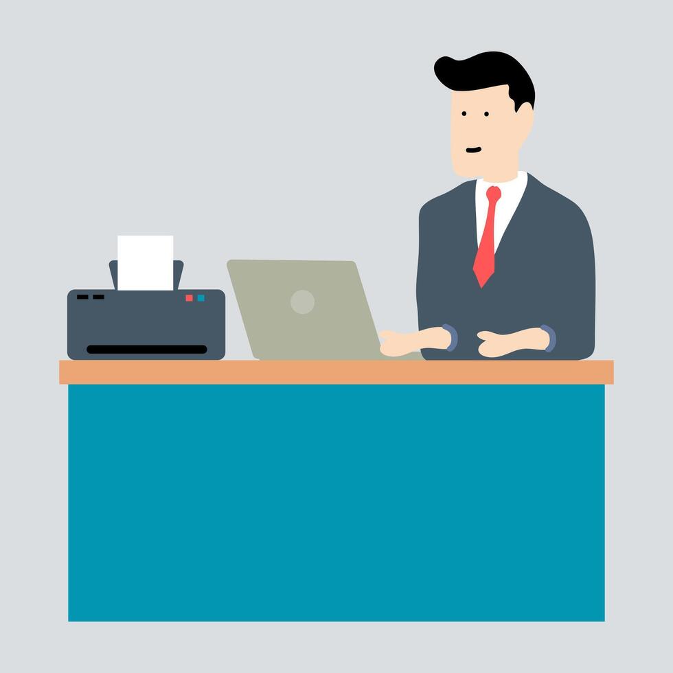 Businessman Working at Desk with Laptop and Printer vector